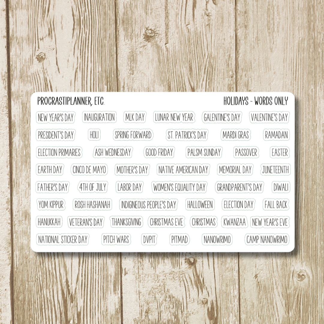 Holiday List - Words Only