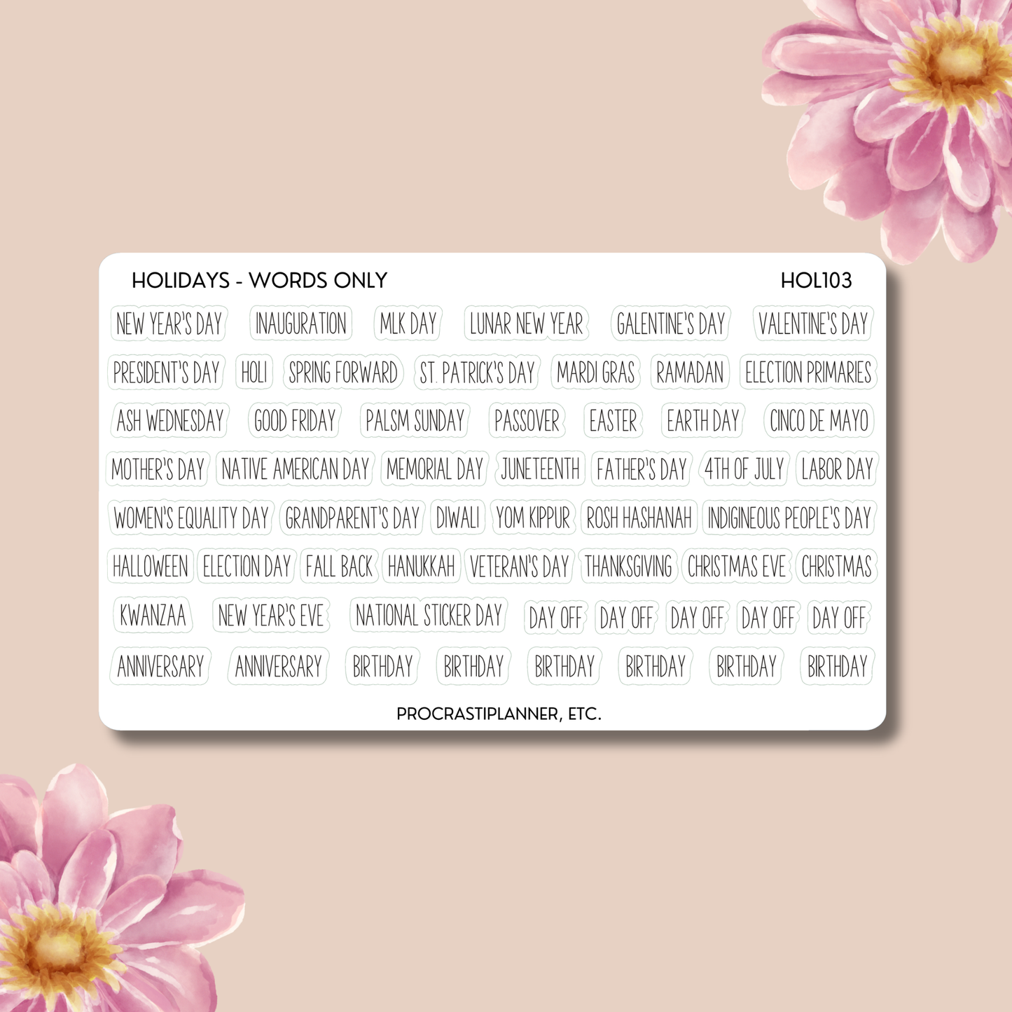 Holiday List - Words Only