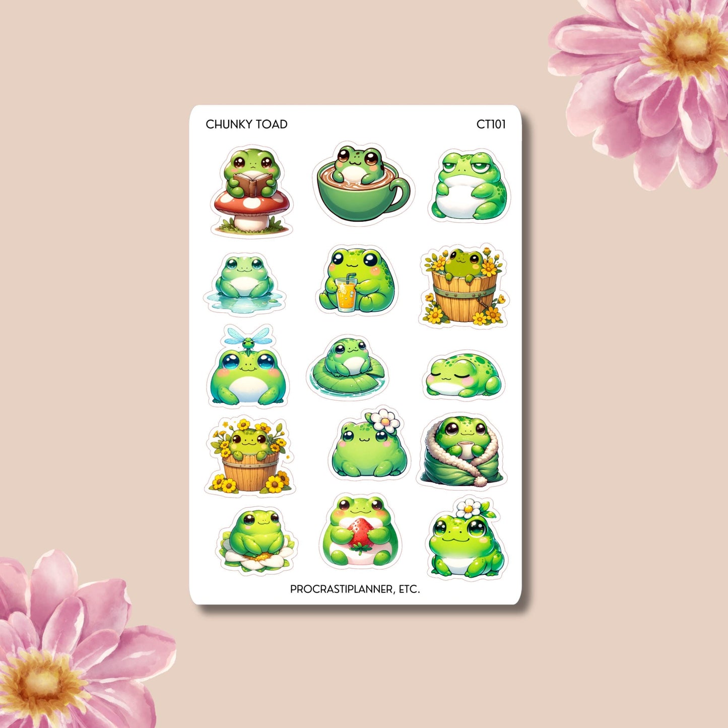 Cute Chibi Chunky Toad Stickers | Green Toad Illustrations | Kawaii Frog Planner & Journal Stickers