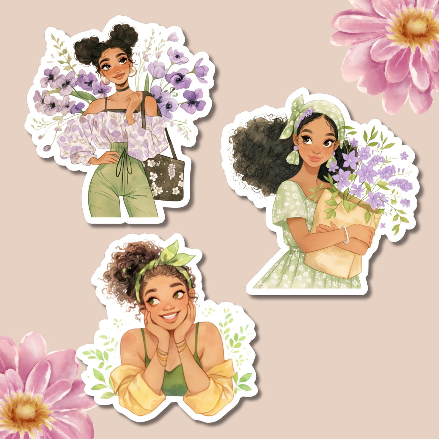 Black Women in Floral Green and Yellow Outfits | Seasonal Aesthetic Stickers for Journals and Planners