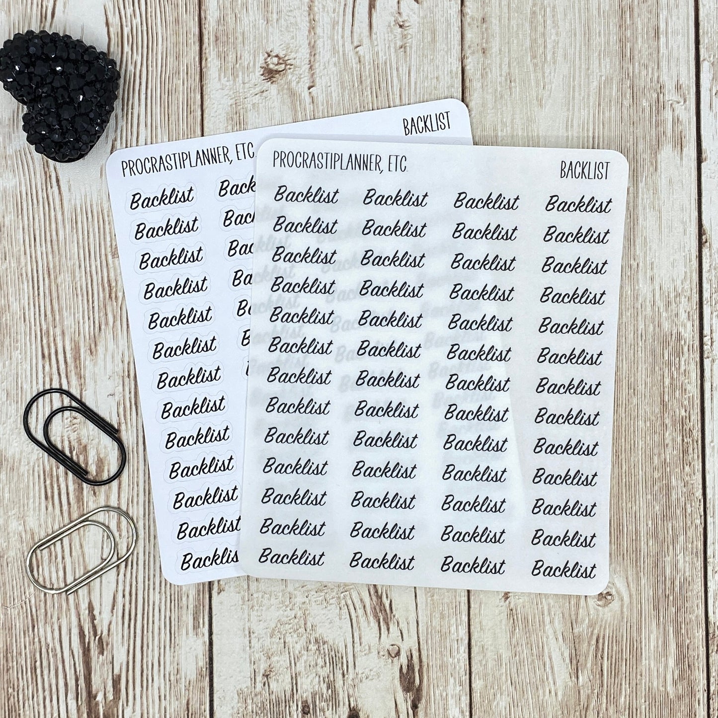 Backlist - Text Only Planner Stickers - Clear or White Matte Paper for Bullet Journals, Notebooks and Planners