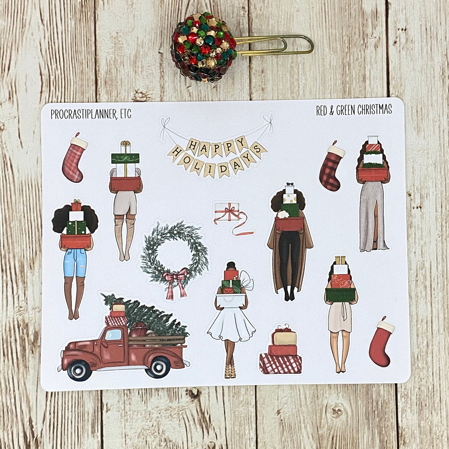 Red & Green Christmas Holiday Black African American Women with Gift Boxes Planner Planner Stickers