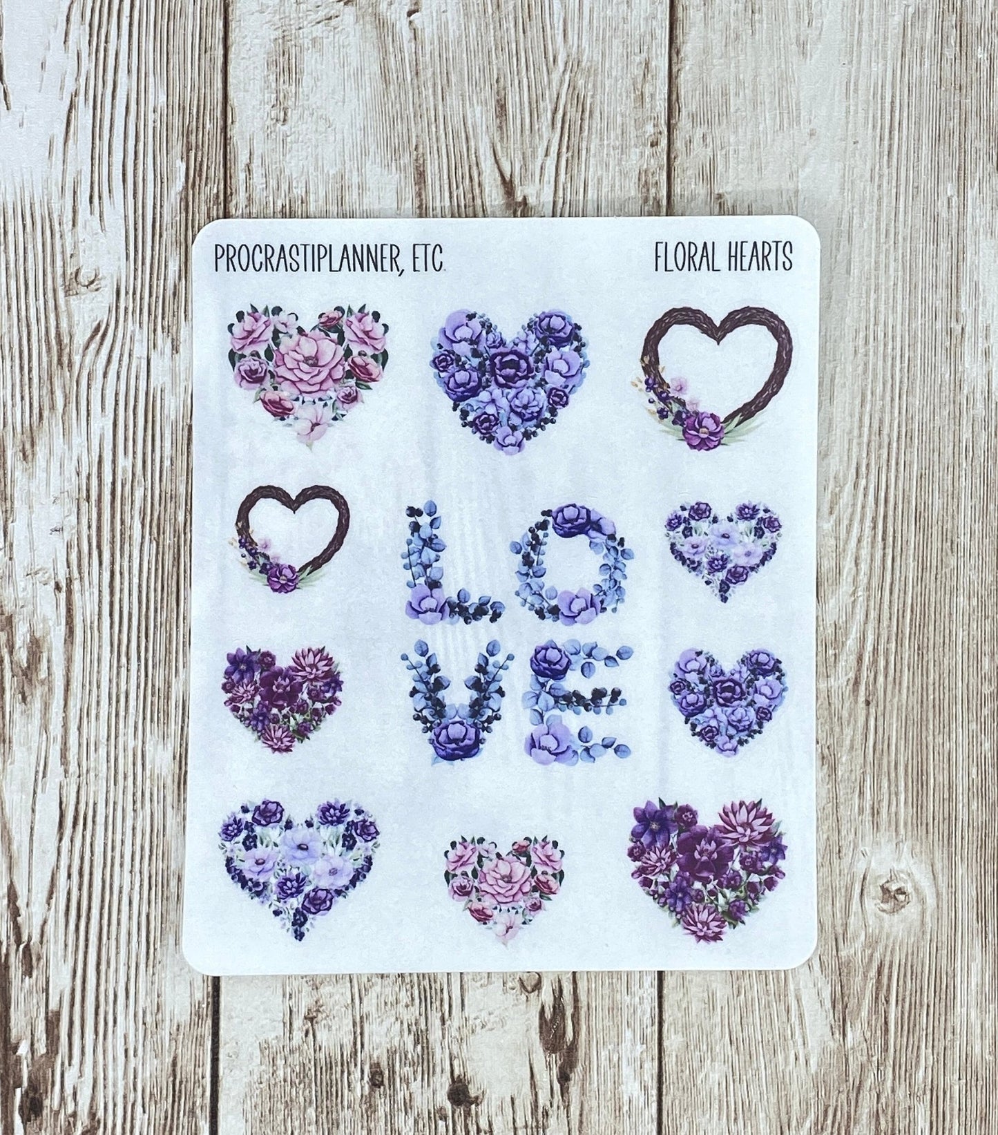 Purple Floral Hearts Planner Stickers for Agendas, Journals and Scrapbooking