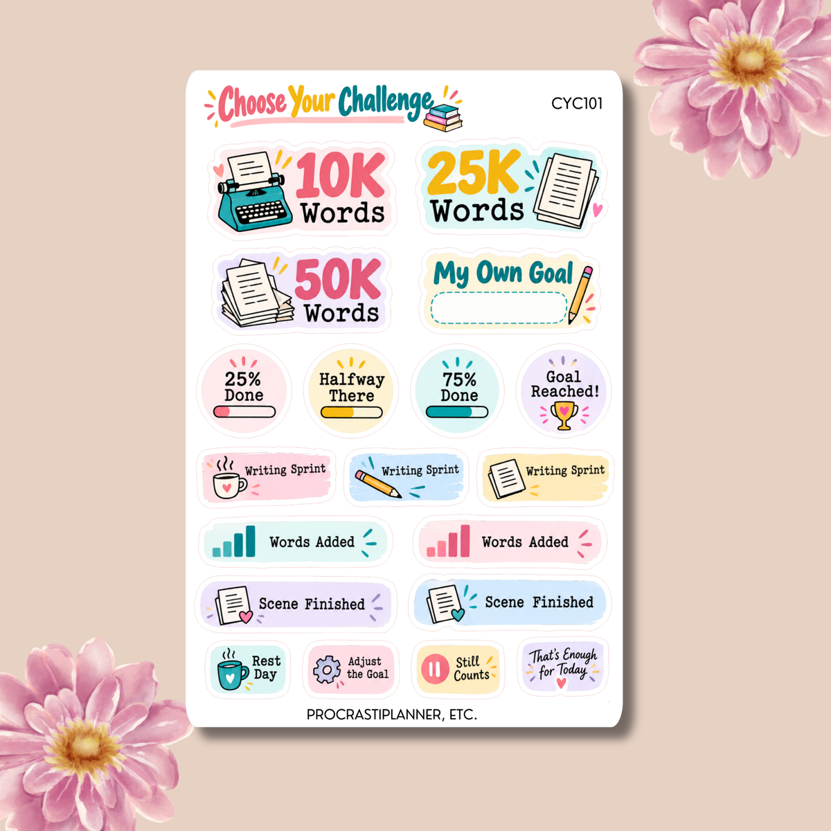 Choose Your Challenge Writer Planner Stickers – 20-Piece Kiss-Cut Sheet