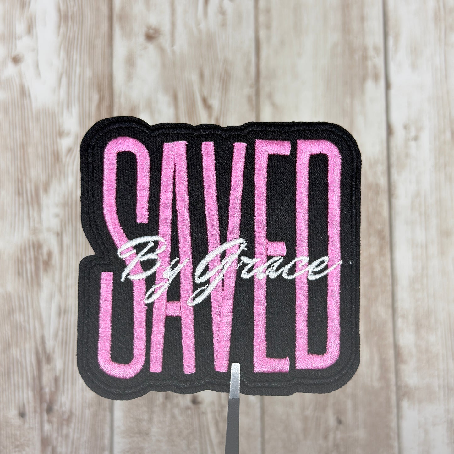 Saved By Grace - Pink Iron On Patch