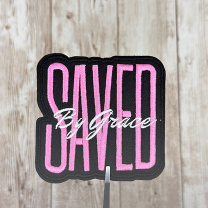 Saved By Grace - Pink Iron On Patch