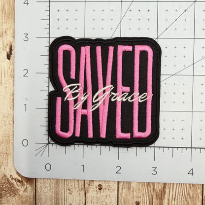 Saved By Grace - Pink Iron On Patch