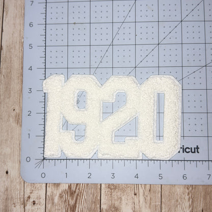White 1920 Chenille Iron On Patch - Medium Size