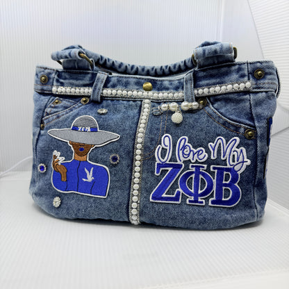 Zeta The Finer Way Denim Junk Bag | Royal Blue & White Patch Bag