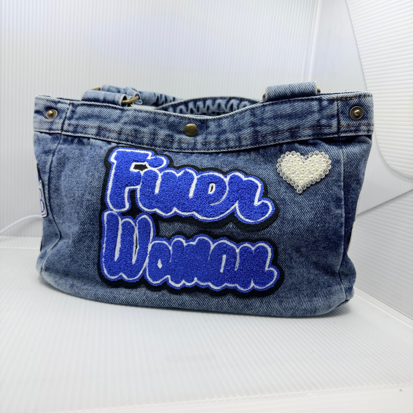 Zeta The Finer Way Denim Junk Bag | Royal Blue & White Patch Bag