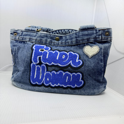 Zeta The Finer Way Denim Junk Bag | Royal Blue & White Patch Bag