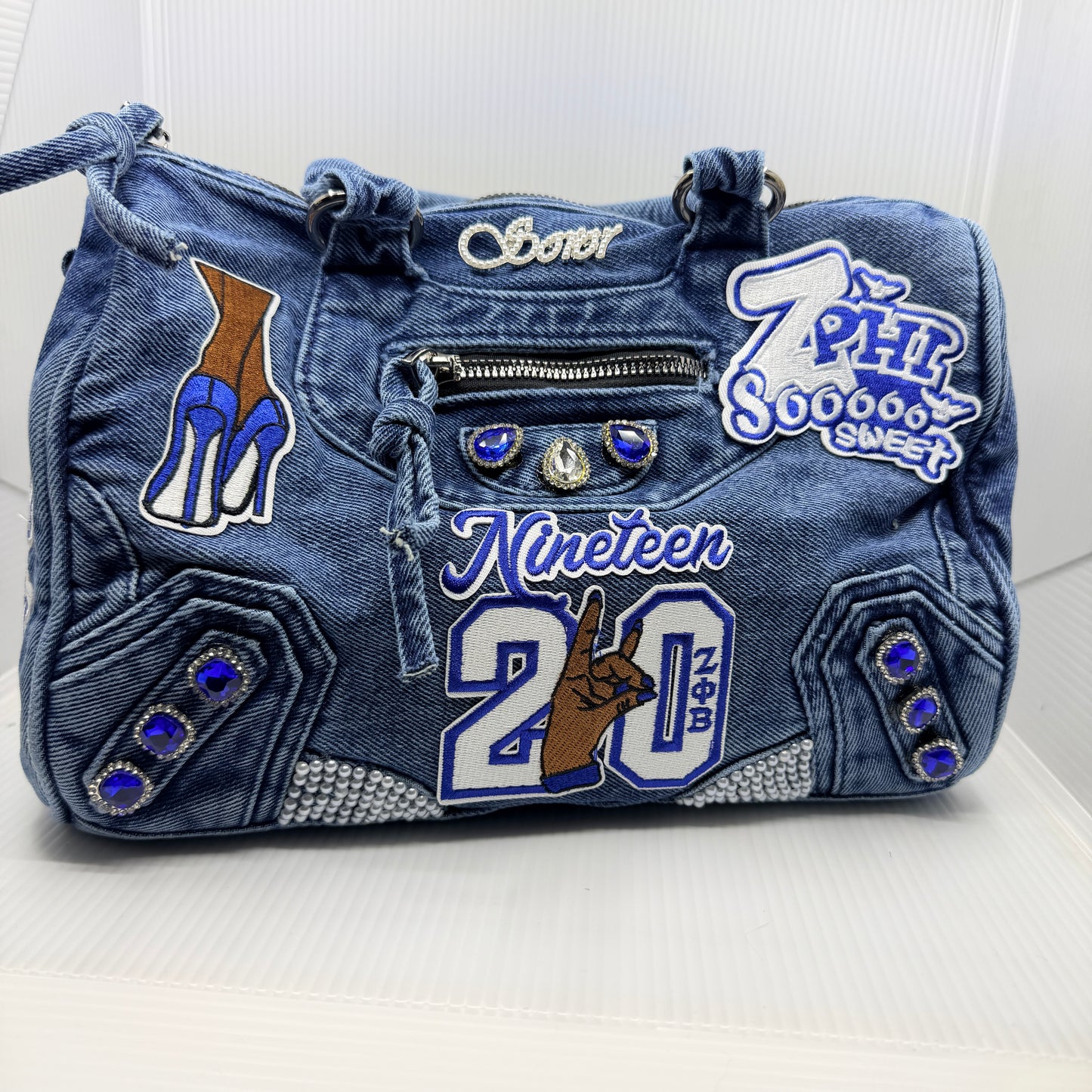 Zeta 1920 Denim Junk Bag | Royal Blue & White Patch Bag