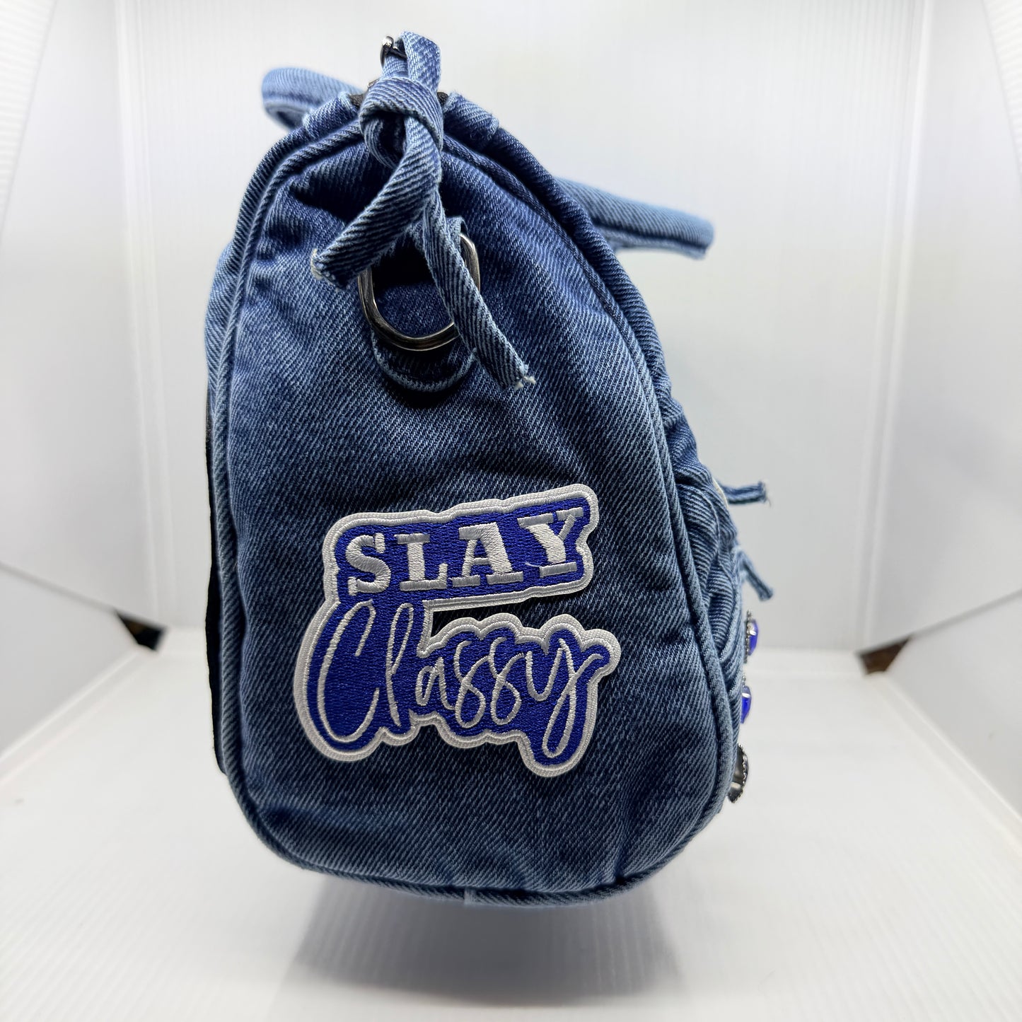 Zeta 1920 Denim Junk Bag | Royal Blue & White Patch Bag