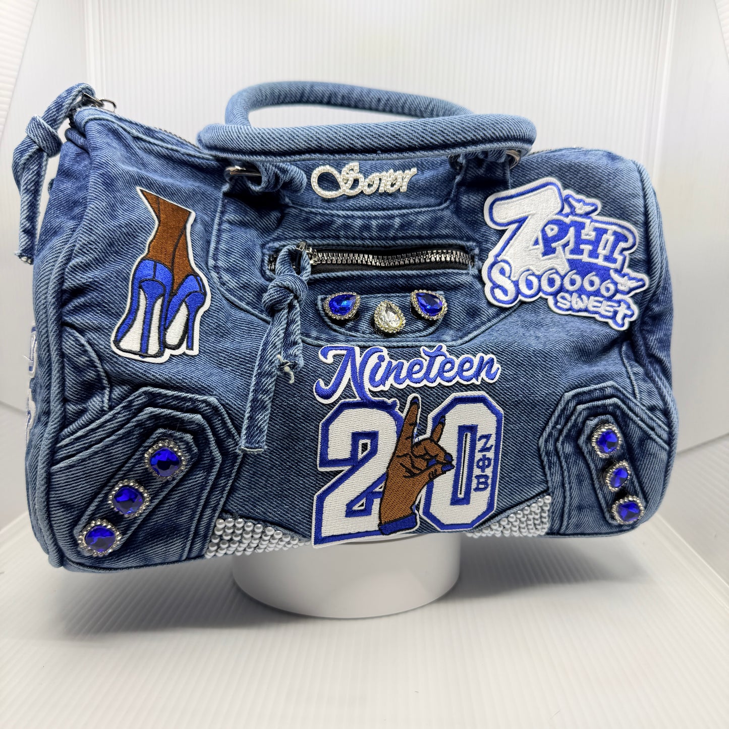 Zeta 1920 Denim Junk Bag | Royal Blue & White Patch Bag