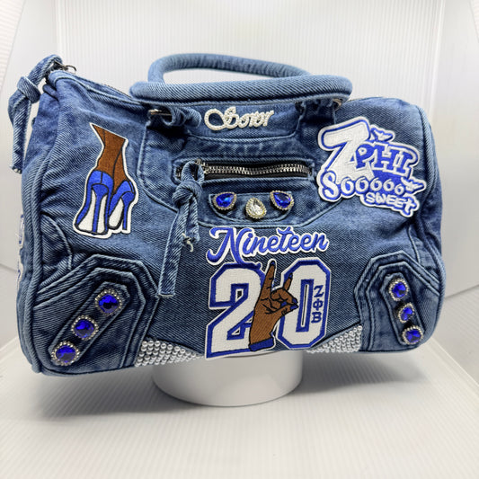 Zeta 1920 Denim Junk Bag | Royal Blue & White Patch Bag