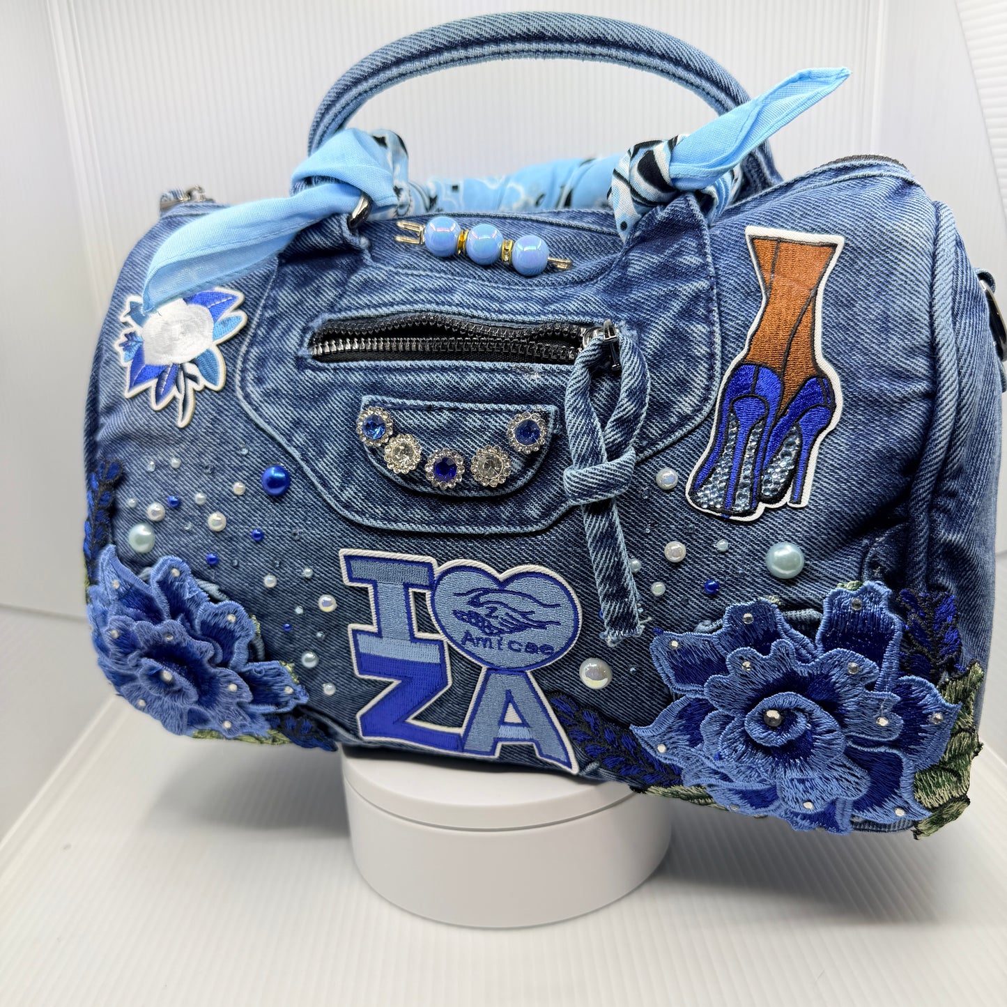 Zeta Amicae Bling Denim Junk Bag | Light Blue & Royal Blue Patch Bag