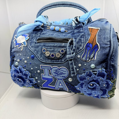 Zeta Amicae Bling Denim Junk Bag | Light Blue & Royal Blue Patch Bag