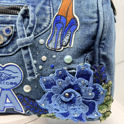 Zeta Amicae Bling Denim Junk Bag | Light Blue & Royal Blue Patch Bag