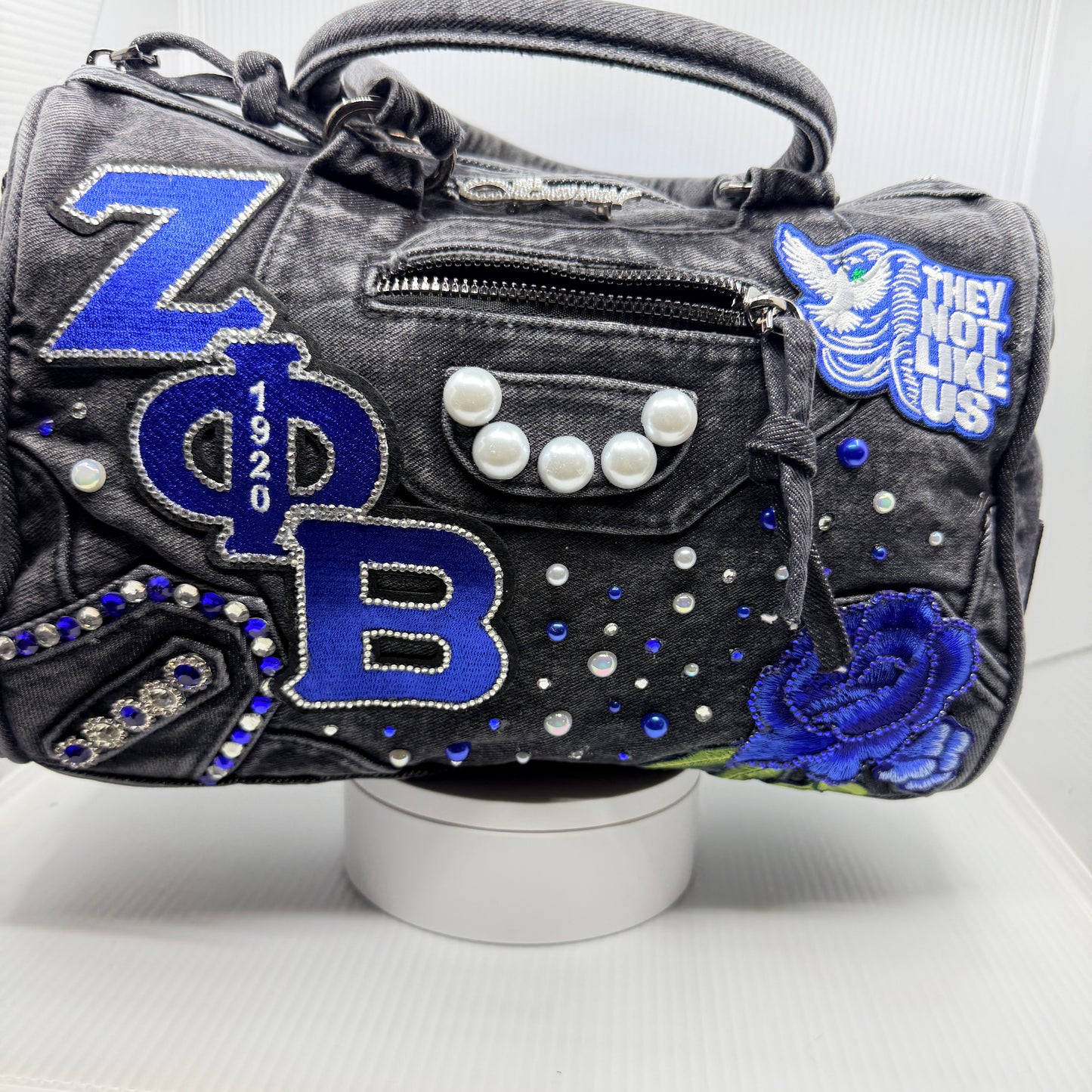Zeta Bling Denim Junk Bag | Royal Blue & White Patch Bags