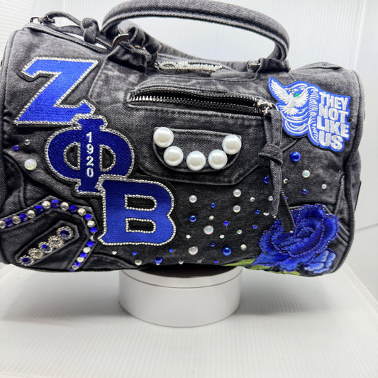 Zeta Bling Denim Junk Bag | Royal Blue & White Patch Bags
