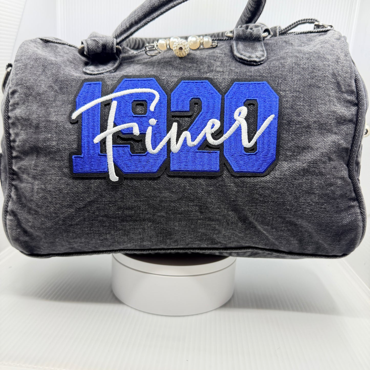 Zeta Bling Denim Junk Bag | Royal Blue & White Patch Bags