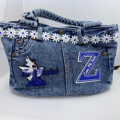Finer Womanhood Zeta Denim Junk Bag | Royal Blue & White Patch Bags