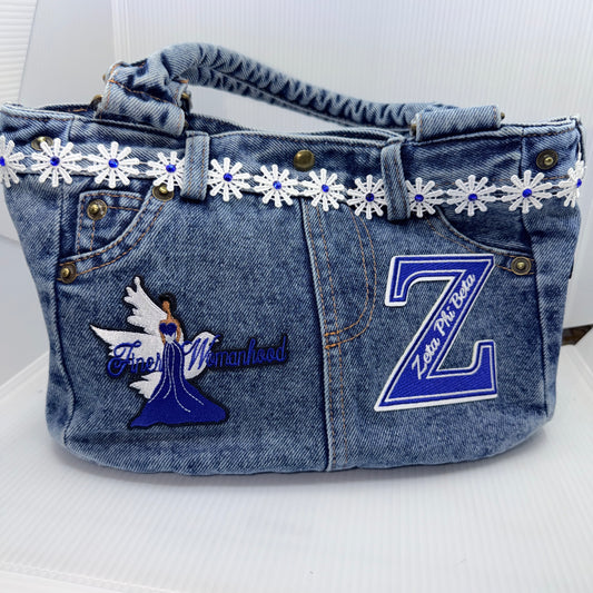 Finer Womanhood Zeta Denim Junk Bag | Royal Blue & White Patch Bags
