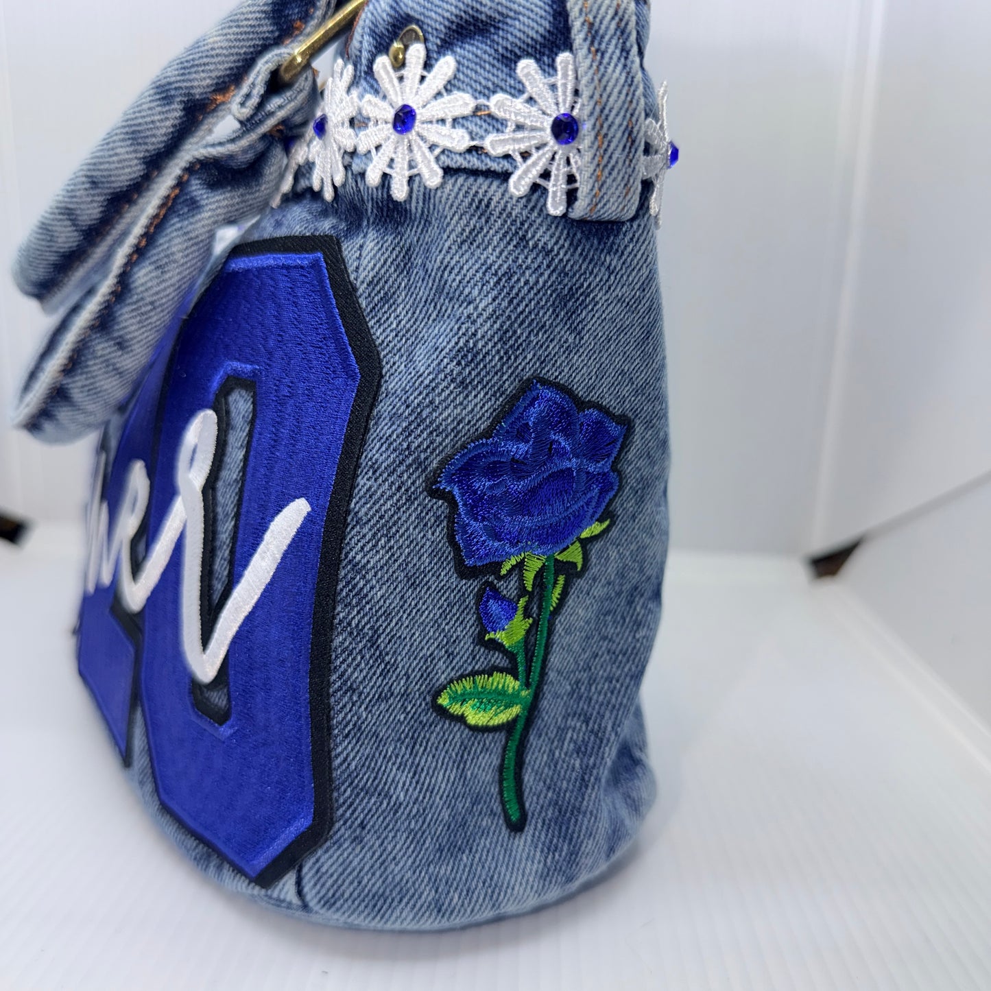Finer Womanhood Zeta Denim Junk Bag | Royal Blue & White Patch Bags