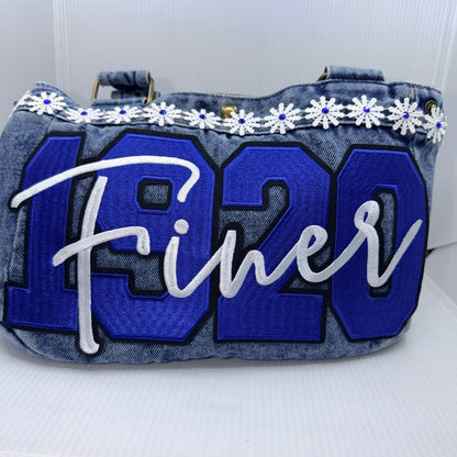 Finer Womanhood Zeta Denim Junk Bag | Royal Blue & White Patch Bags