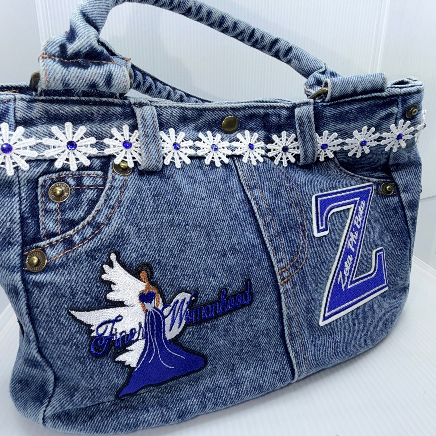 Finer Womanhood Zeta Denim Junk Bag | Royal Blue & White Patch Bags