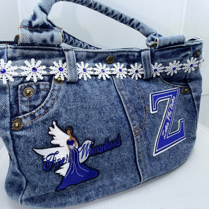 Finer Womanhood Zeta Denim Junk Bag | Royal Blue & White Patch Bags