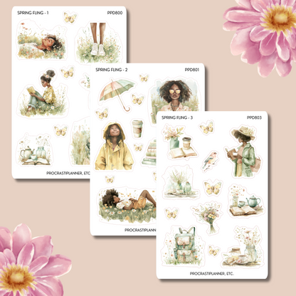 Spring Fling Planner Stickers | Woman with Flowers, Rain Gear, Green Grass | Stickers for Journals
