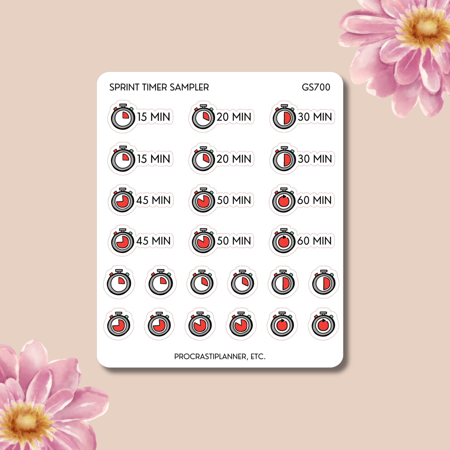 Sprint Timers 20/30/45/50/60 Min Productivity Tracking Planner Stickers