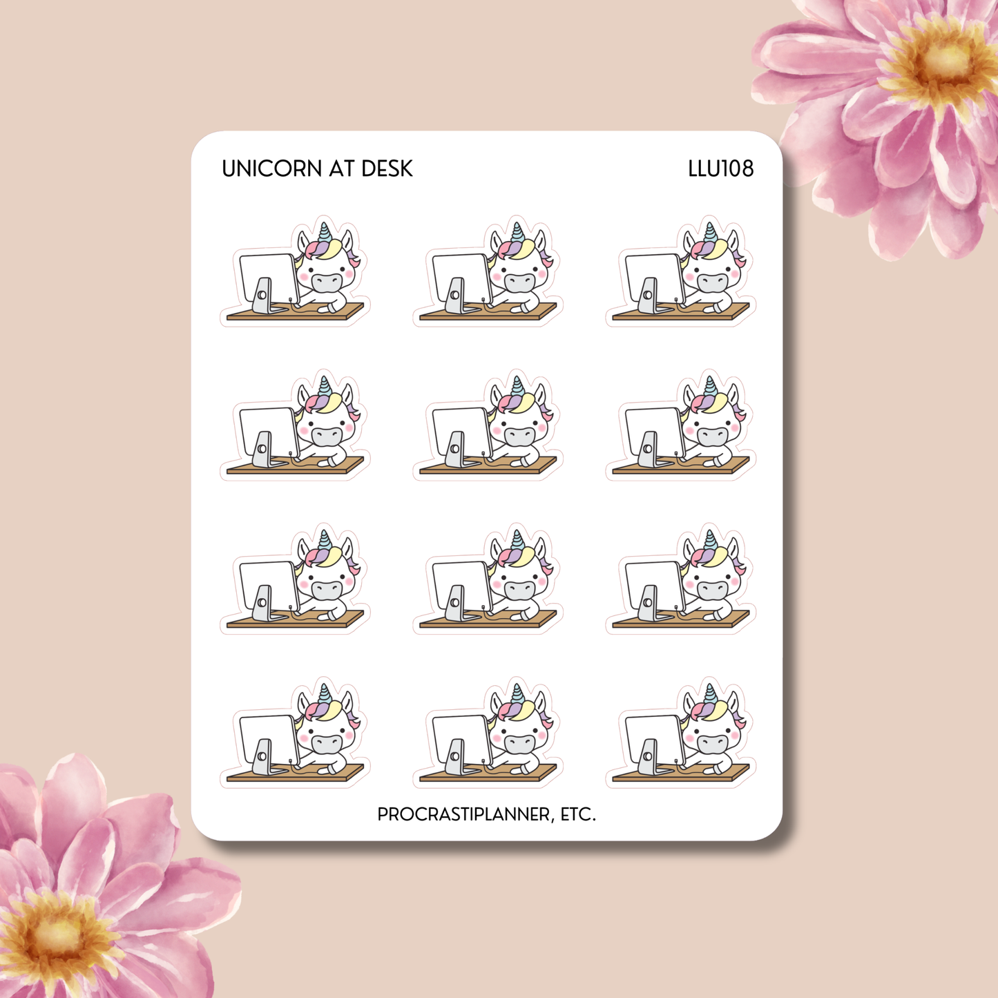 Unicorn At Desk Planner Stickers