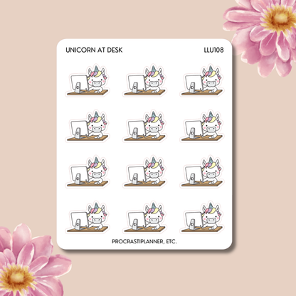 Unicorn At Desk Planner Stickers