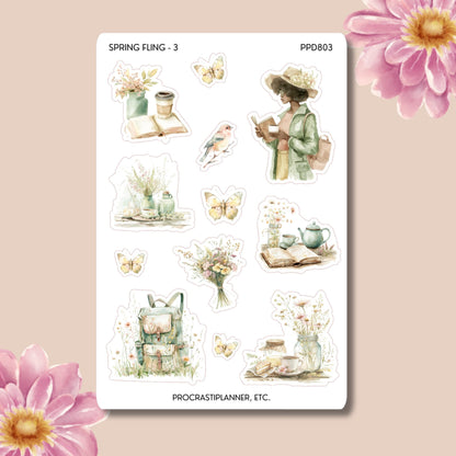 Spring Fling Planner Stickers | Woman with Flowers, Rain Gear, Green Grass | Stickers for Journals