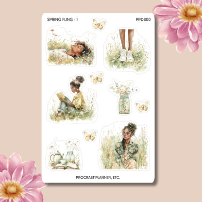 Spring Fling Planner Stickers | Woman with Flowers, Rain Gear, Green Grass | Stickers for Journals