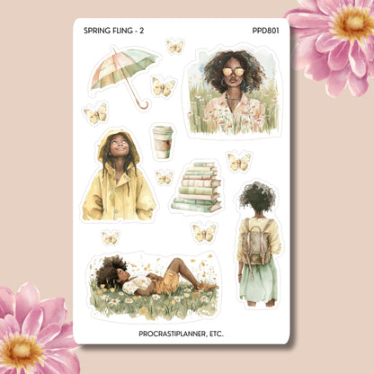 Spring Fling Planner Stickers | Woman with Flowers, Rain Gear, Green Grass | Stickers for Journals