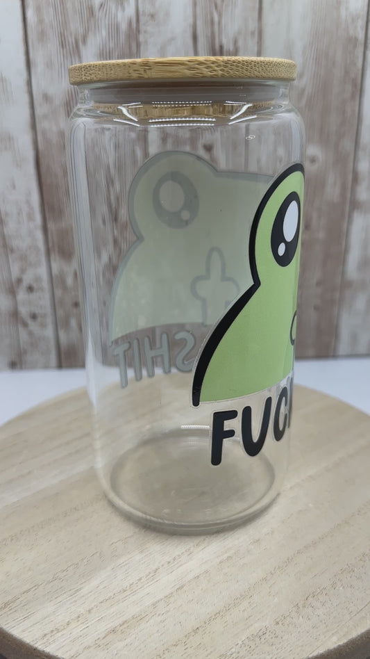 Green Frog F*ck This Sh*t 16 Ounce Glass Can with Bamboo Lid