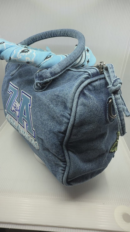 Zeta Amicae Bling Denim Junk Bag | Light Blue & Royal Blue Patch Bag