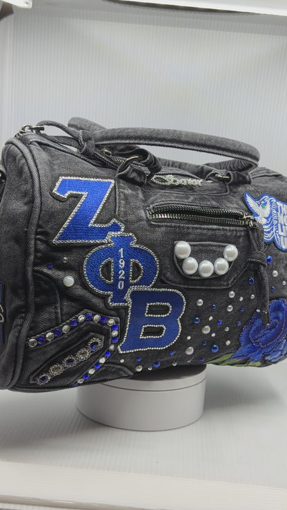 Zeta Bling Denim Junk Bag | Royal Blue & White Patch Bags