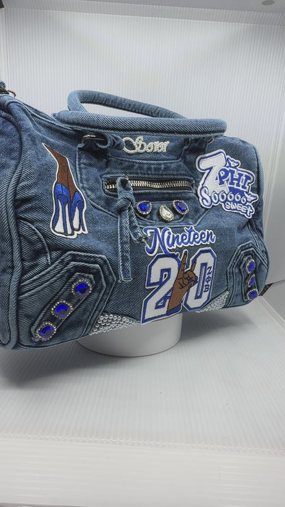Zeta 1920 Denim Junk Bag | Royal Blue & White Patch Bag