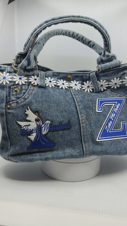 Finer Womanhood Zeta Denim Junk Bag | Royal Blue & White Patch Bags