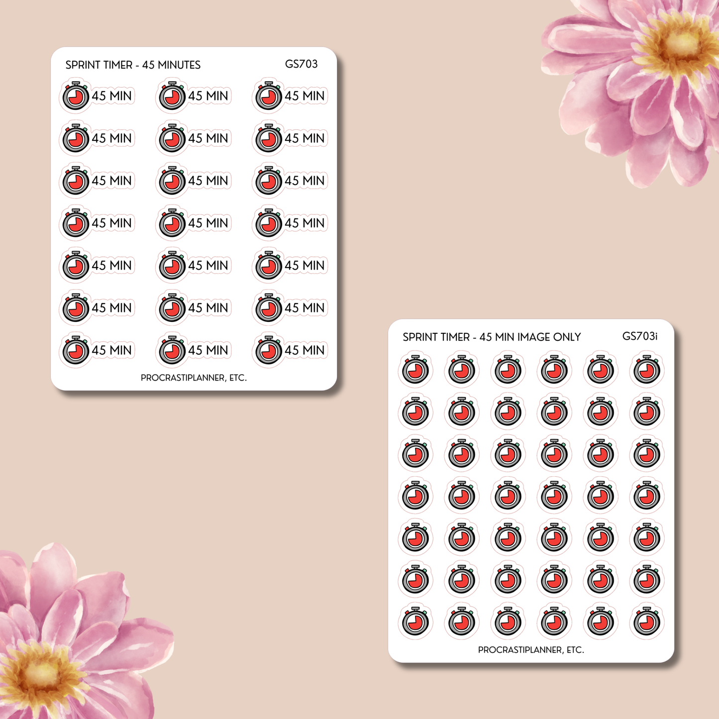 Sprint Timers 20/30/45/50/60 Min Productivity Tracking Planner Stickers