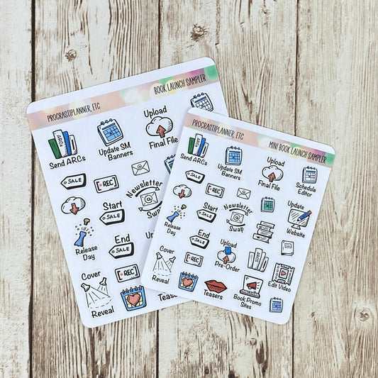 Book Launch Sampler Planner Stickers Regular or Mini Size in Clear or White Matte