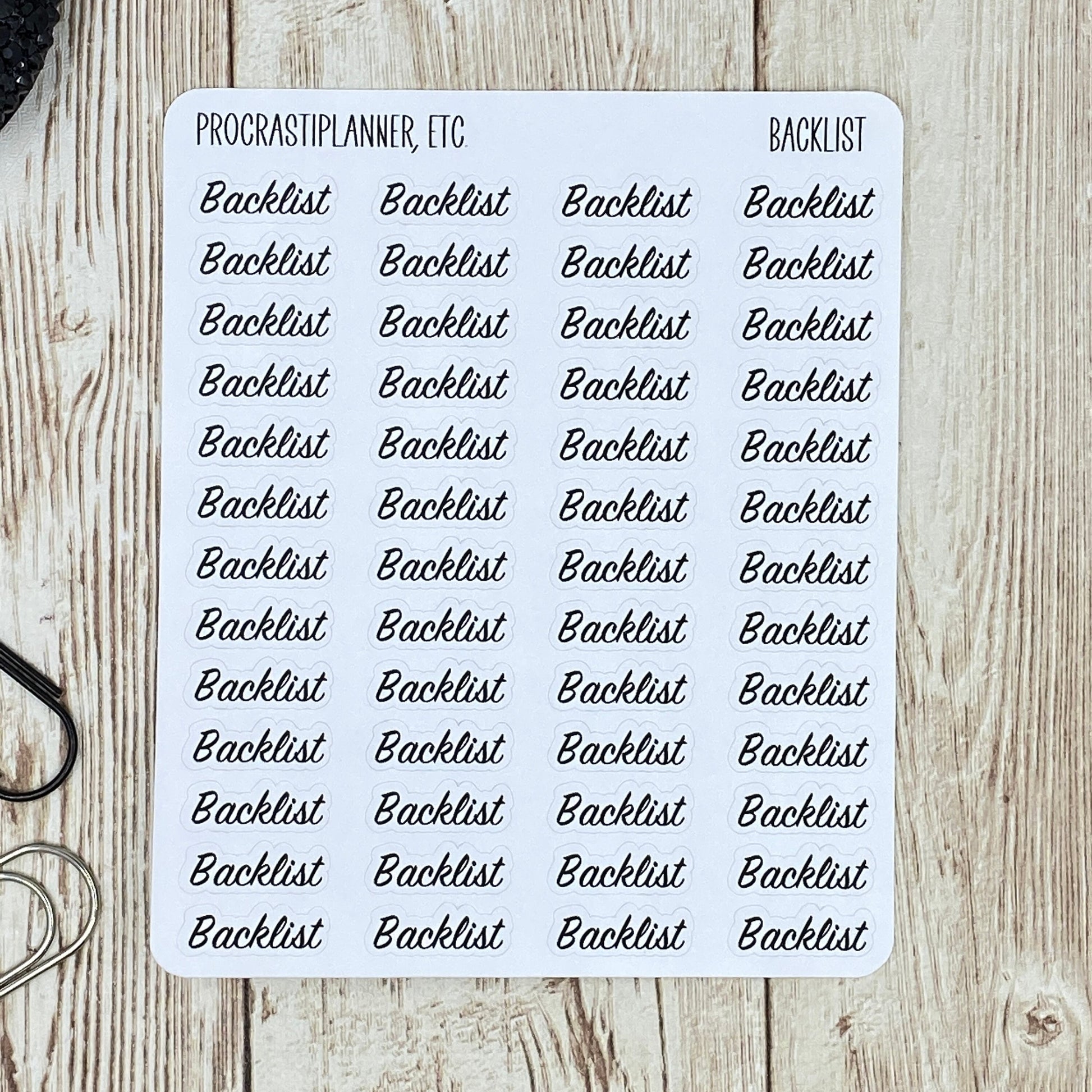 Backlist - Text Only Planner Stickers - Clear or White Matte Paper for Bullet Journals, Notebooks and Planners