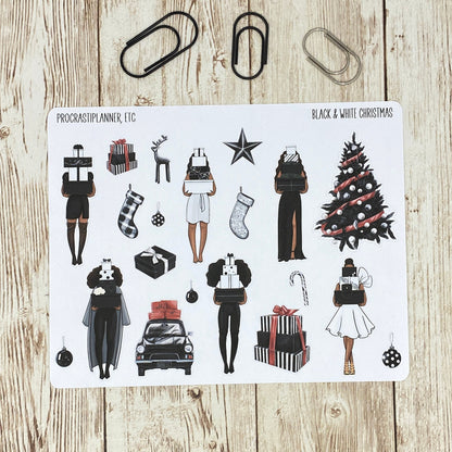 Black & White Christmas Holiday Black African American Women with Gift Boxes Planner Planner Stickers